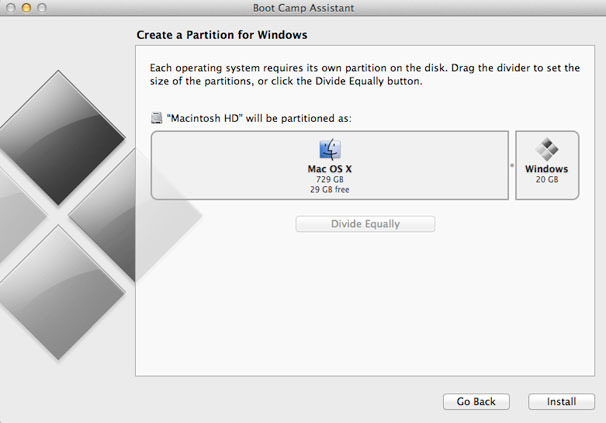installing windows on mac bootcamp storage problem